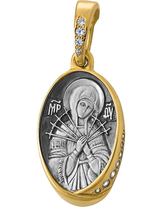 Образ Божией Матери «Семистрельная», серебро 925° с позолотой, камни