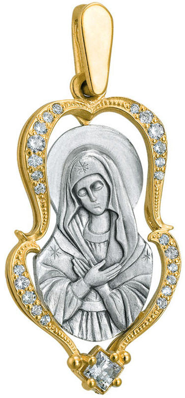 Образ Божией Матери «Умиление», серебро 925° с позолотой, 25 фианитов