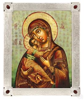 Икона Божией Матери «Владимирская», посеребрённая рамка-киот с камнями
