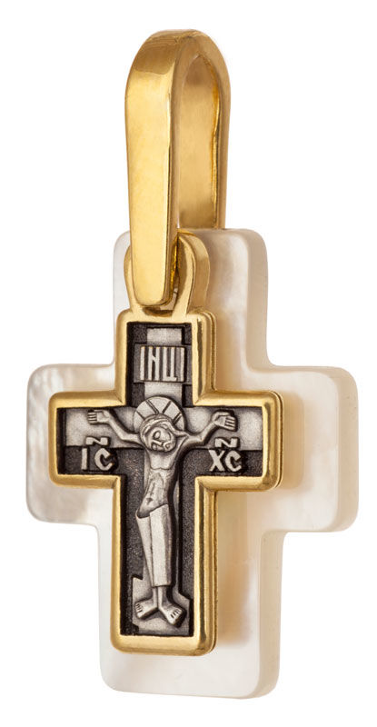 Крест малый с перламутровой подвеской, серебро 925° с позолотой