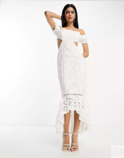 Платье Asos Design lace bardot cut out maxi with frill hem, белый