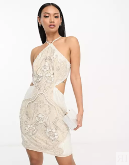 Платье Asos Design embellished halter with pearl detail, белый