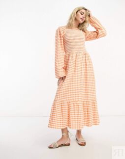 Платье-миди Monki Long Sleeve With Ruffled Hem Gingham, оранжевый