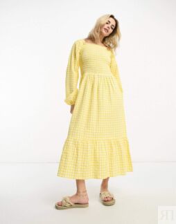 Платье-миди Monki Long Sleeve With Ruffled Hem Gingham, желтый