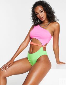Неоновый купальник на одно плечо с вырезами и кольцами ASOS DESIGN